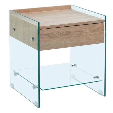 GLASSER Wood Κομοδίνο Διάφανο Γυαλί 10mm - με Συρτάρι Απόχρωση Δρυς