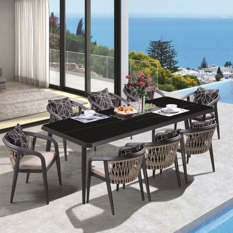JARDIN Τραπεζαρία ALU Ανθρακί, HPL Μαύρο, Rope Μπεζ: Τραπέζι + 8 Πολυθρόνες με Μαξιλάρια