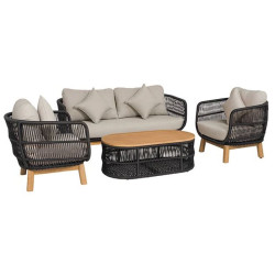 MARK Set Σαλόνι Κήπου 4 τεμαχίων Acacia Φυσικό, Rope Wicker Μαύρο, Μαξιλάρια Μπεζ
